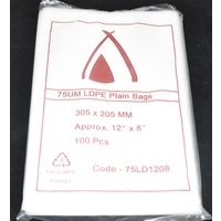 75um Plain Plastic Bags 305mm x 205mm Pack/100 Gst Included