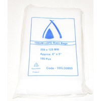 100um Plain Plastic Bags 205mm x 125mm Pack/100 Gst Included
