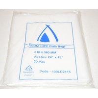 100um Plain Plastic Bags 610mm x 380mm Pack/50 Gst Included