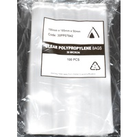30um Clear Polypropylene Bags 185mm x 100mm +50mm Pack/100  Gst Included