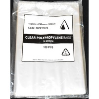 30um Clear Polypropylene Bags 290mm x 190mm +100mm Pack/100  Gst Included